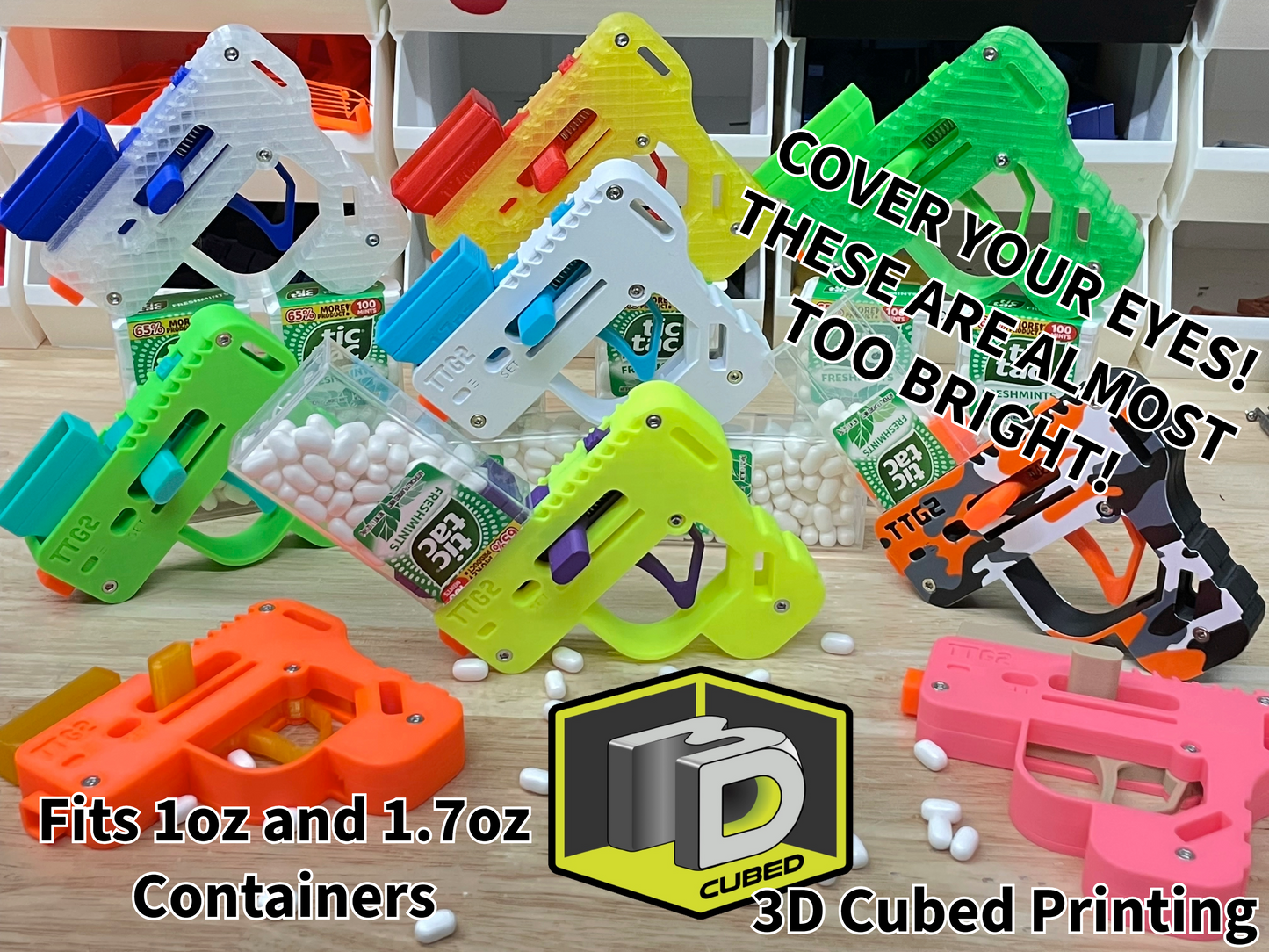 Colorful 3D-printed models on a table with text warning about brightness and product details.