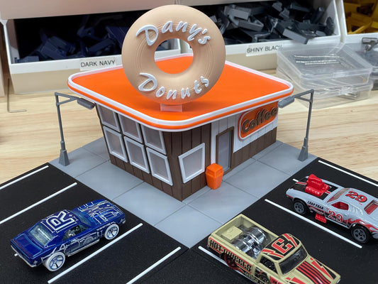 Donut Shop Diorama for 1/64th scale Die Cast Car Accessory - Roadside Display for Diecast Cars