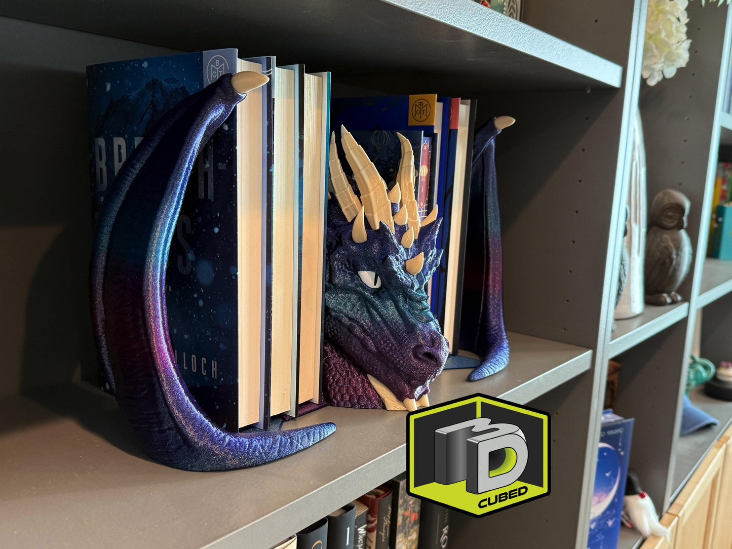 Mythical Dragon Bookends – Horned Dragon with Split Wings | Fantasy Creature Home Decor | Unique Gothic Book Ends