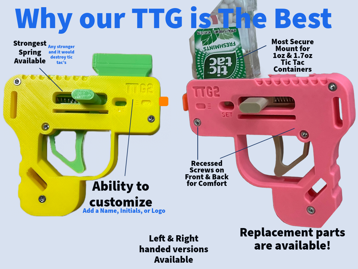 Two toy guns, one yellow and one pink, with text highlighting features on a light blue background.