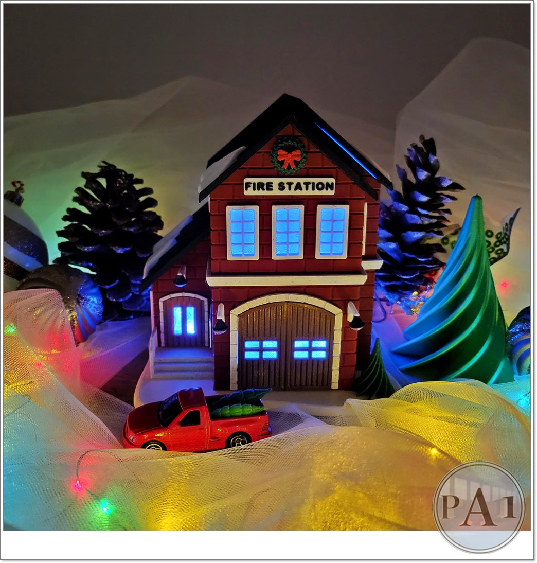 1:64 Scale Fire Station Diorama – Winter Scene Hot Wheels Display image 0